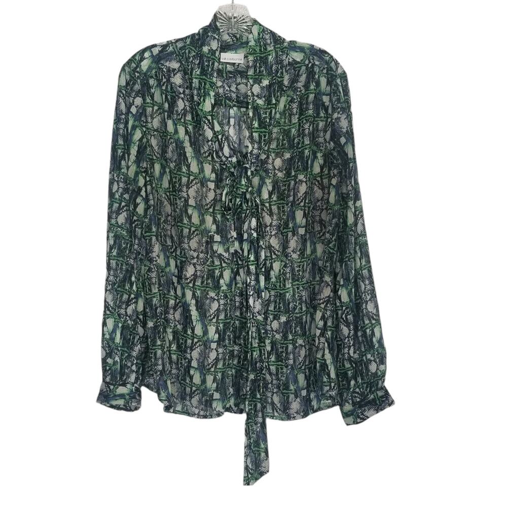 Liz Claiborne Colorful Button Front Tie Neck Long Sleeve Sheer Top, Sz XL